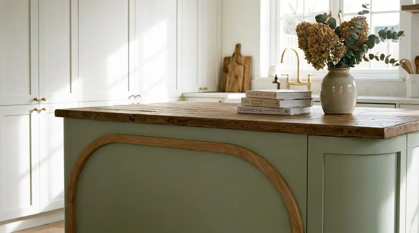 Kitchen island with arched wood trim base