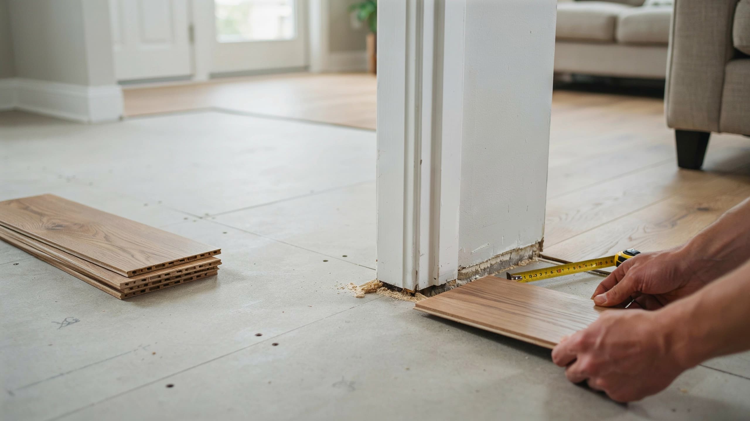 Cutting laminate flooring plank to fit around a doorway with accurate measurements