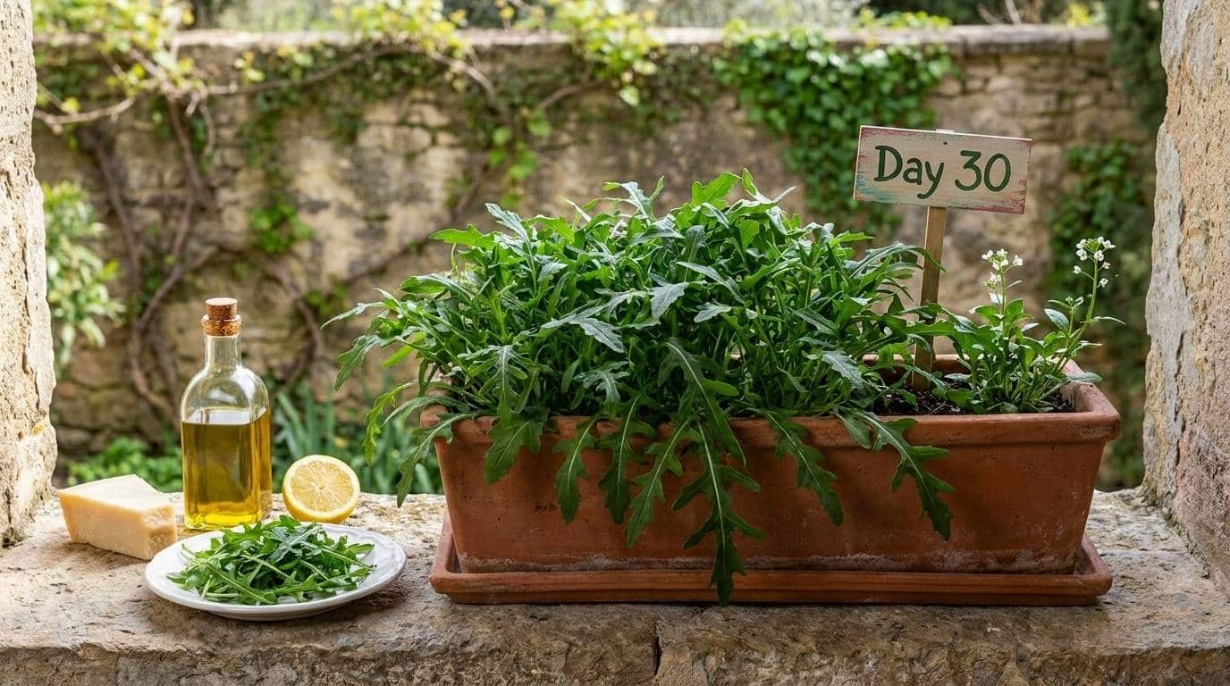 Dense arugula plants overflowing a terracotta window box on an outdoor stone ledge with freshly snipped leaves ready to harvest beside olive oil and lemon.