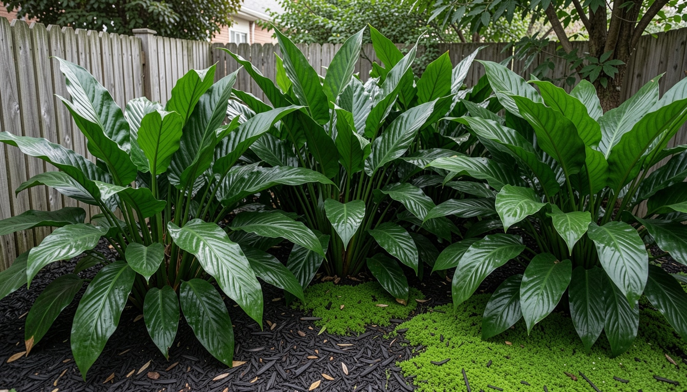 Lush Aspidistra elatior growing in a shaded indoor or garden setting, showing long, upright, deep green leathery leaves emerging directly from the soil.