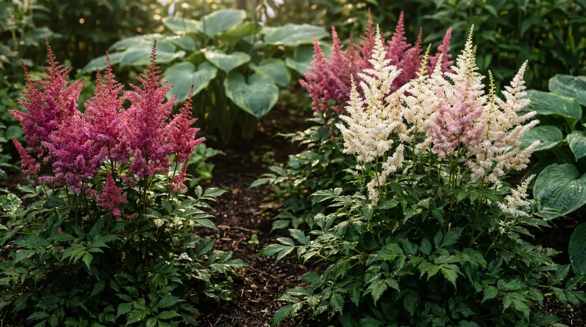 Pink and white astilbe plumes above ferny foliage in a moist shaded garden border.