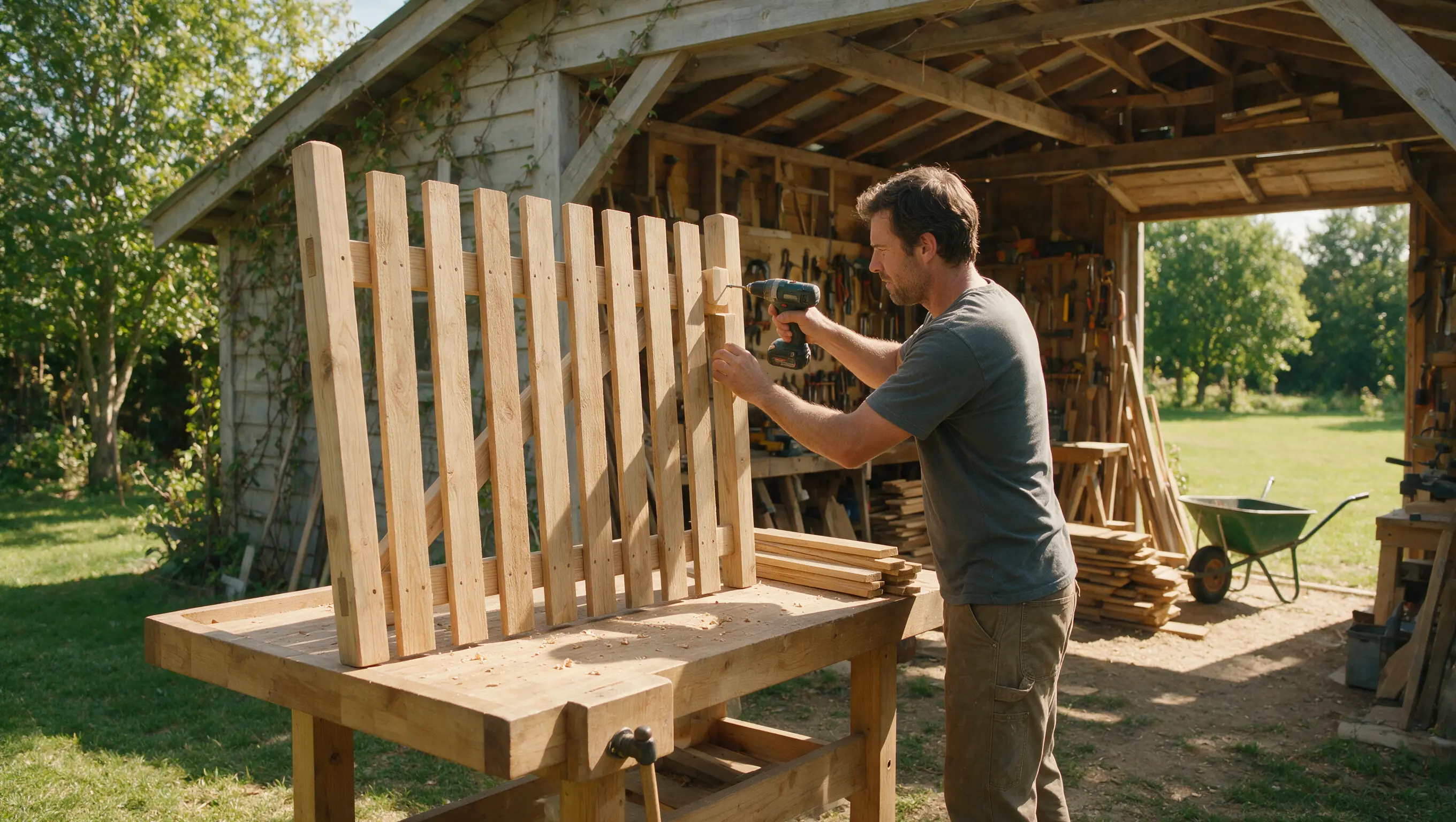 Person attaching vertical fence boards to a wooden garden gate frame with a cordless drill outside a backyard workshop.