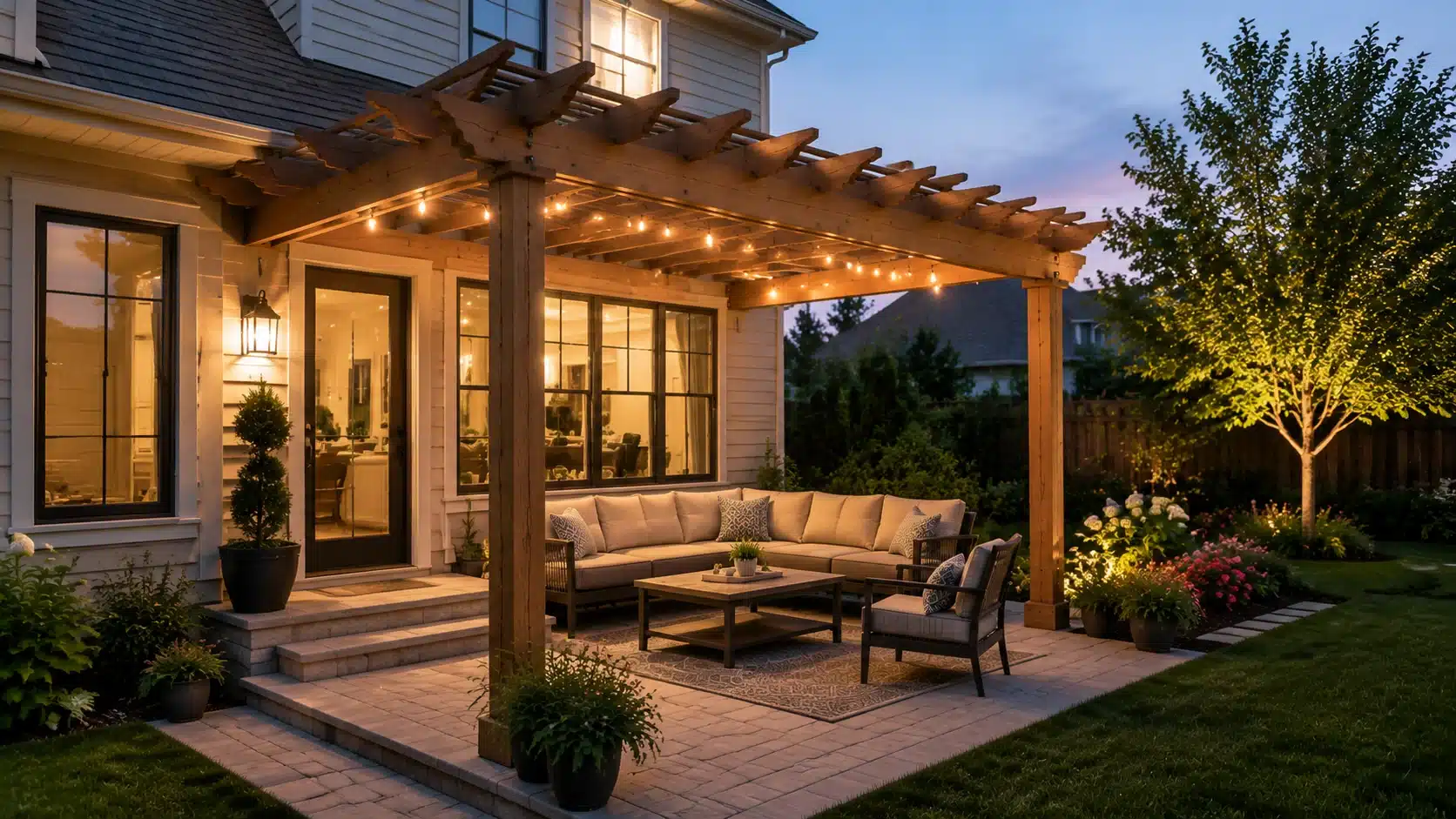 Attached pergola extending from a home patio, creating a seamless outdoor living area with shade and a comfortable backyard setup.