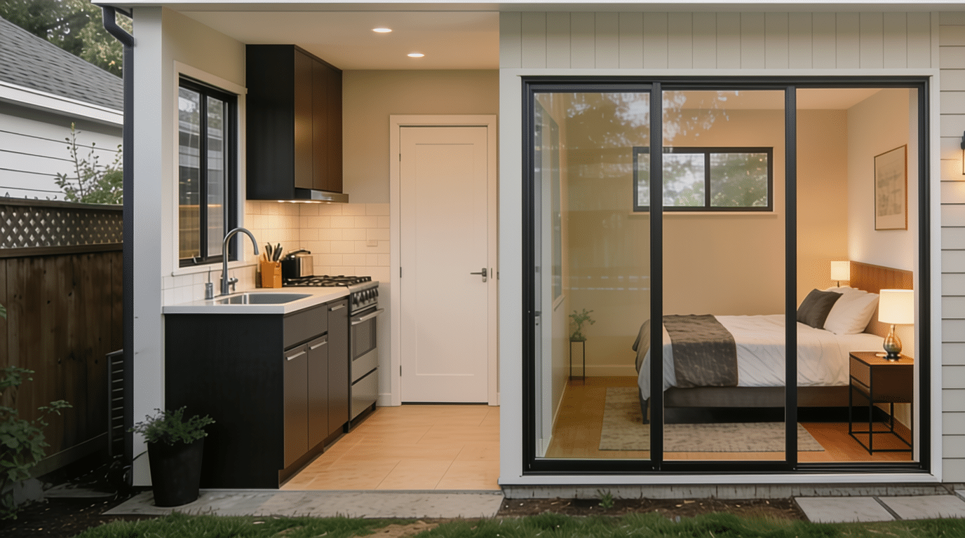 Backyard apartment addition with kitchen living and bedroom space.