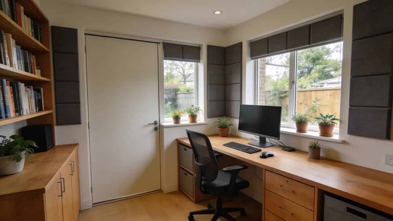 Backyard-facing home office addition with desk and garden view.