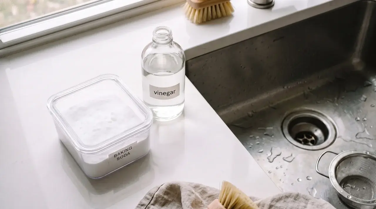 Baking soda and white vinegar next to a kitchen sink drain to unblock a sink without a plunger.
