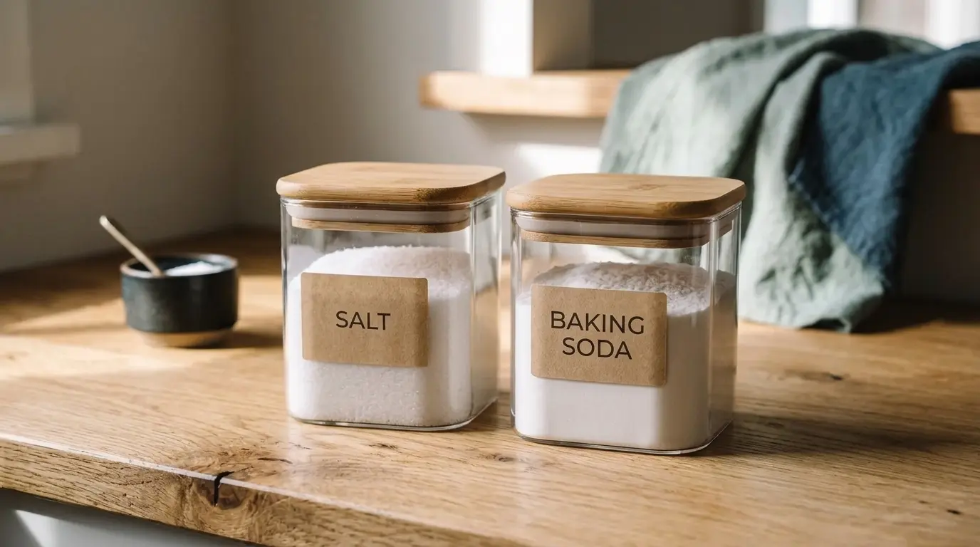 Baking soda and salt in clear boxes next to a kitchen sink drain on a wooden table.