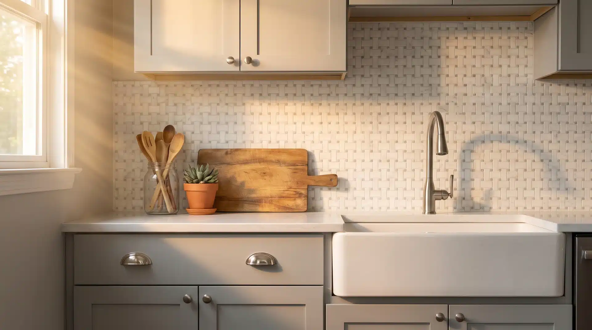 White marble basketweave mosaic tile splashback behind gray cabinetry with a farmhouse sink and nickel hardware.