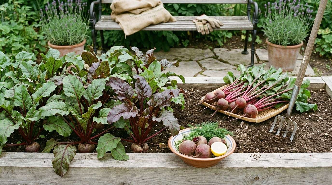 Raised wooden garden bed showing beet plants still in ground with red veined leaves alongside freshly harvested dark red beet bulbs laid out on the soil surface.