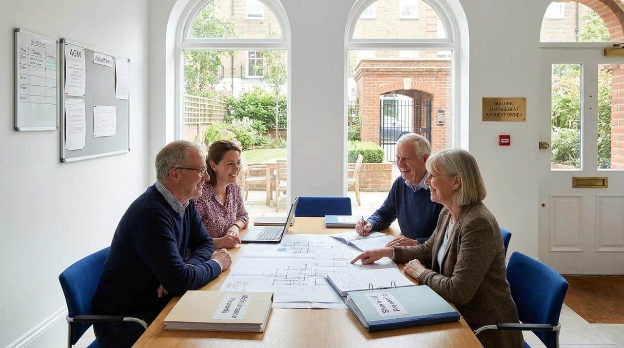 Flat owners managing a share of freehold property through teamwork and shared decisions.