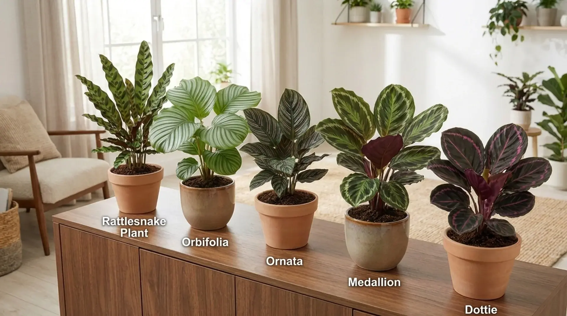 Five Calathea varieties including Rattlesnake, Orbifolia, Ornata, Medallion, and Dottie plants indoors.