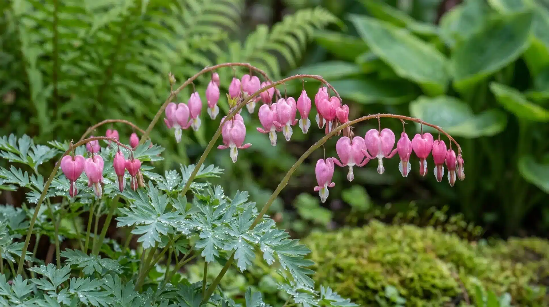 Pink heart-shaped bleeding heart flowers dangling from arching stems above ferny foliage in spring shade garden.