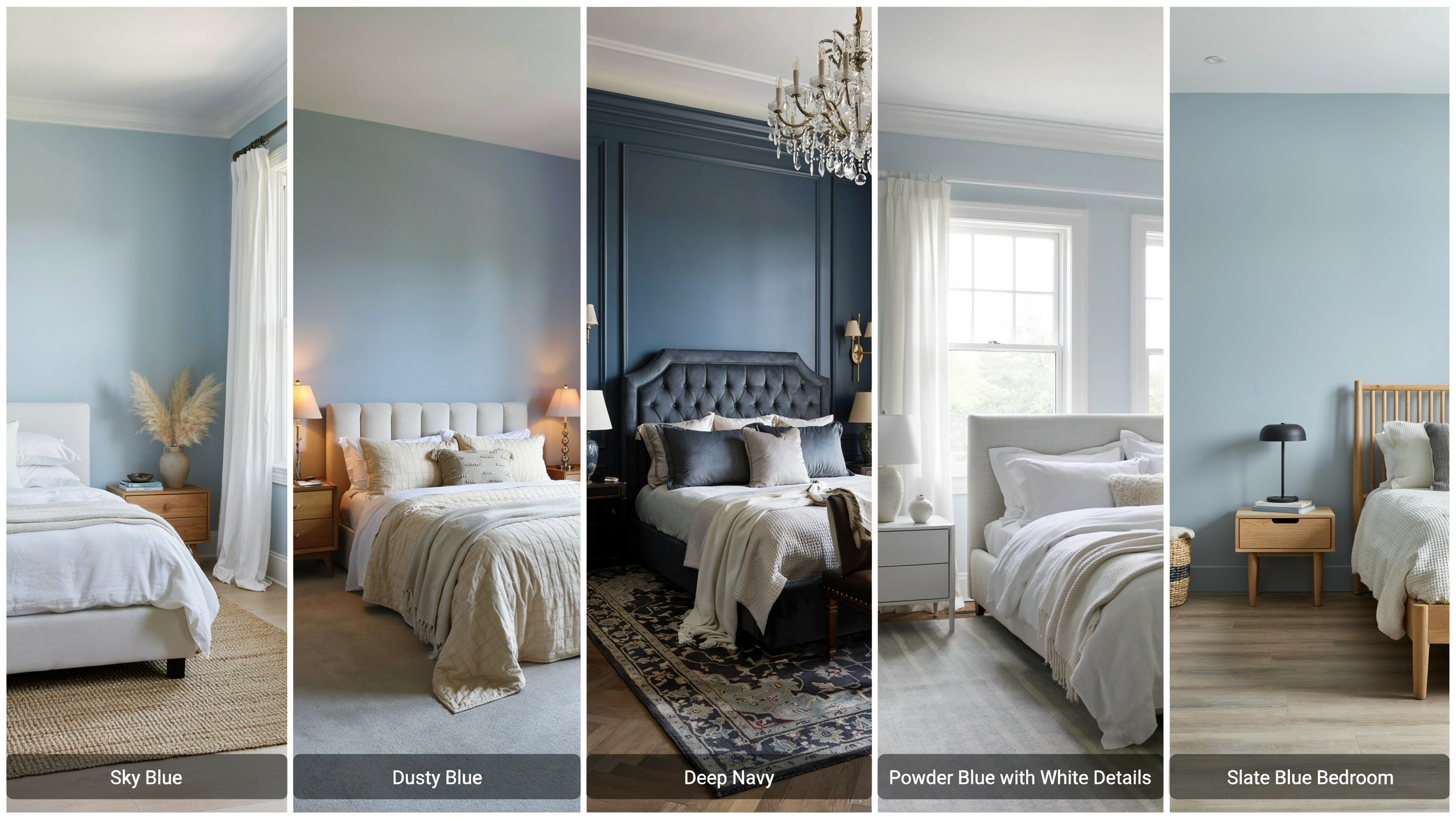 Luxury bedroom collage featuring sky blue, dusty blue, deep navy, powder blue, and slate blue painted walls.