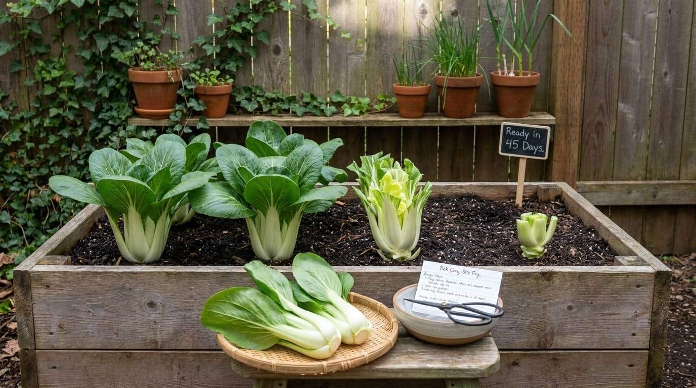 Mature bok choy plants with thick white stalks and dark green leaves growing in a wooden raised bed with a harvest basket on a garden stool nearby.