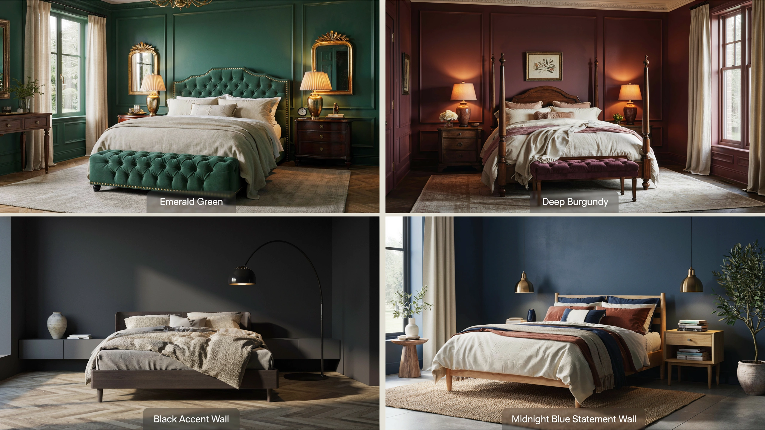 Luxury bedroom collage showing emerald green, deep burgundy, black accent, and midnight blue statement walls.