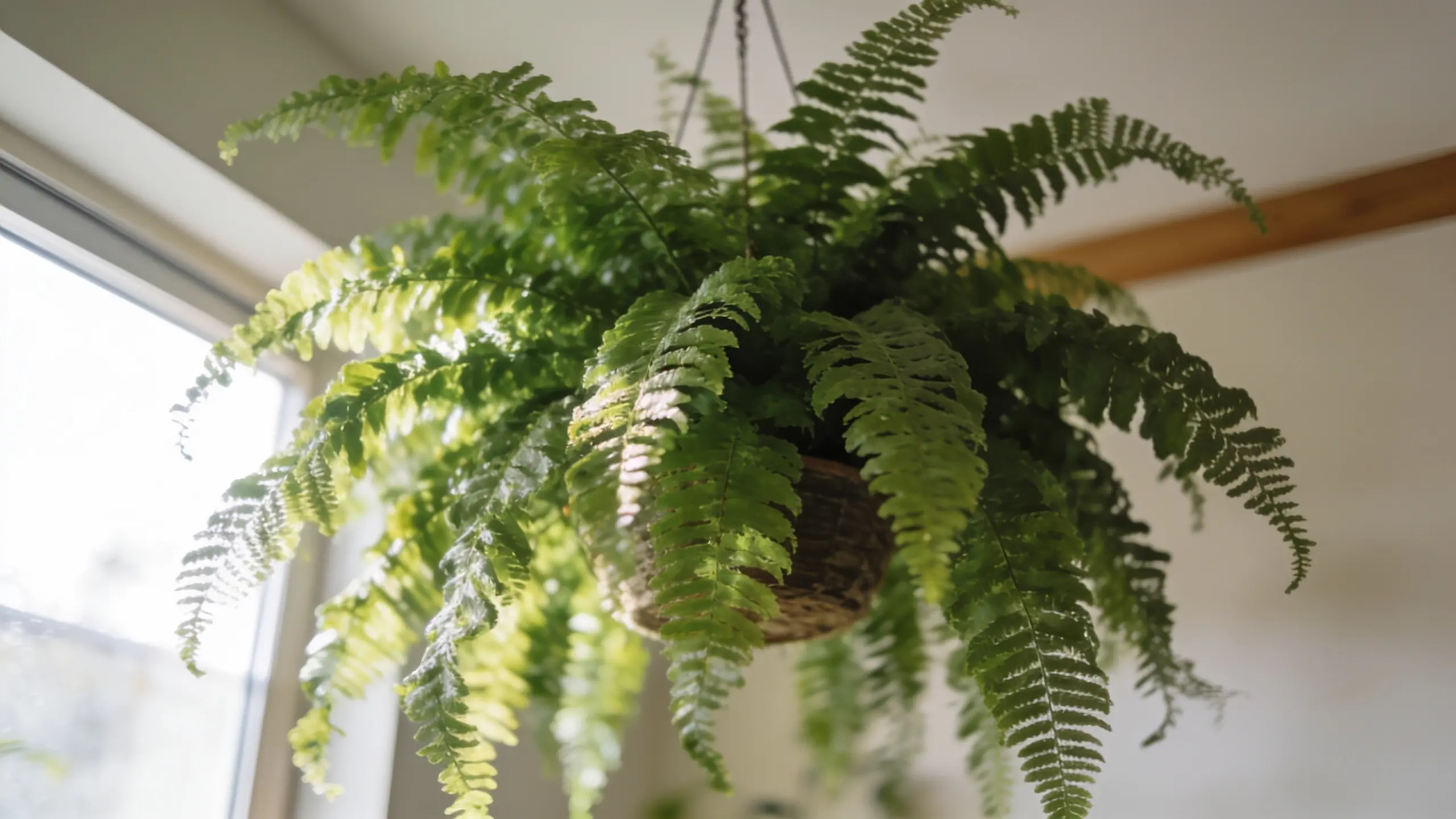 Boston fern with lush feathery green fronds in a hanging indoor basket near natural light.
