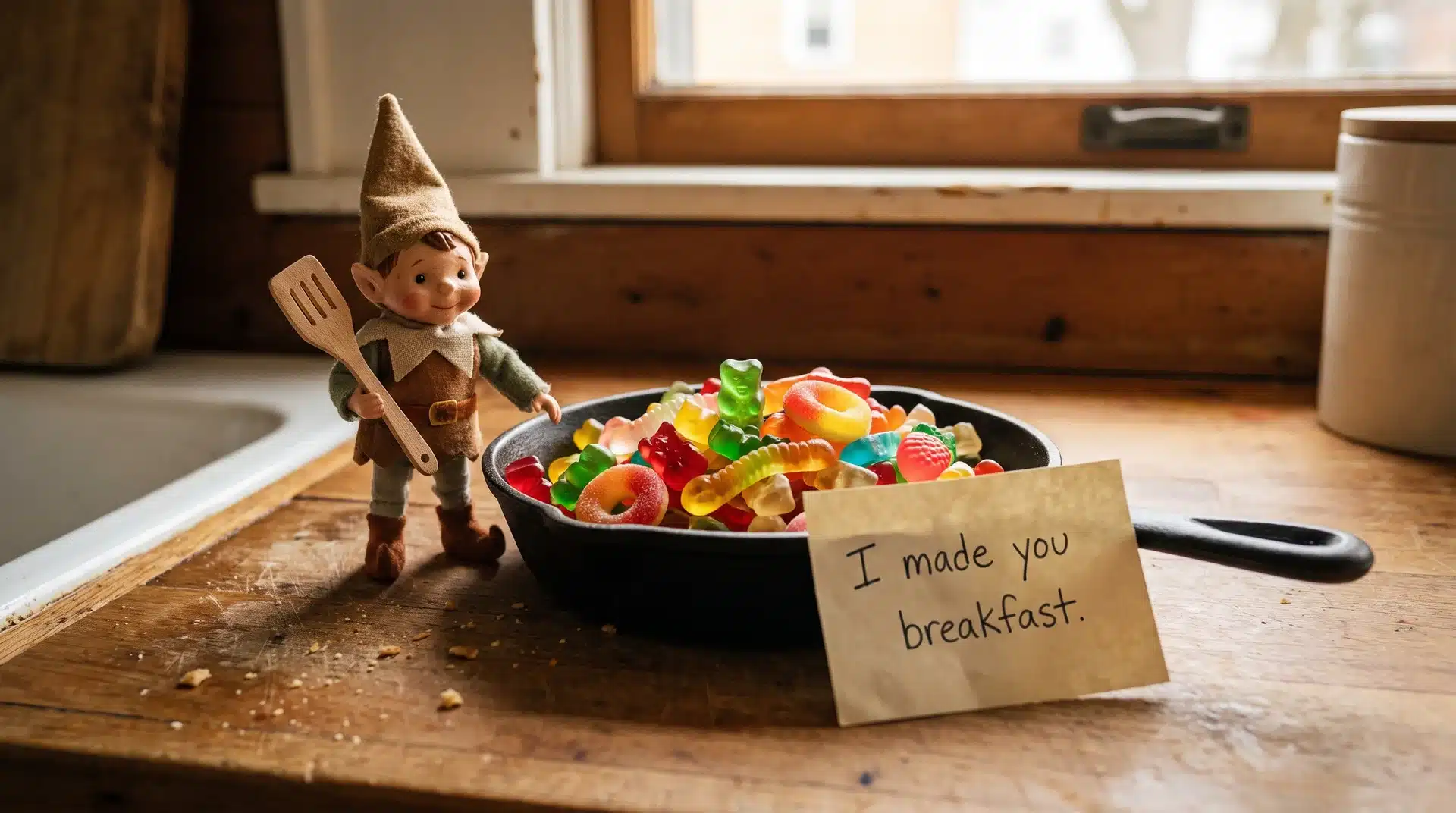 Elf on the shelf standing beside a skillet of gummy candies holding a tiny spatula.