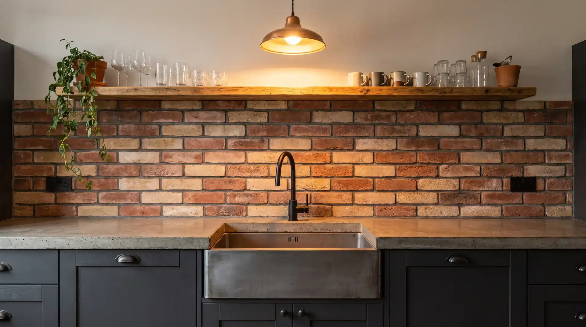 Brick slip splashback behind industrial undermount sink with concrete countertop and matte black tap.