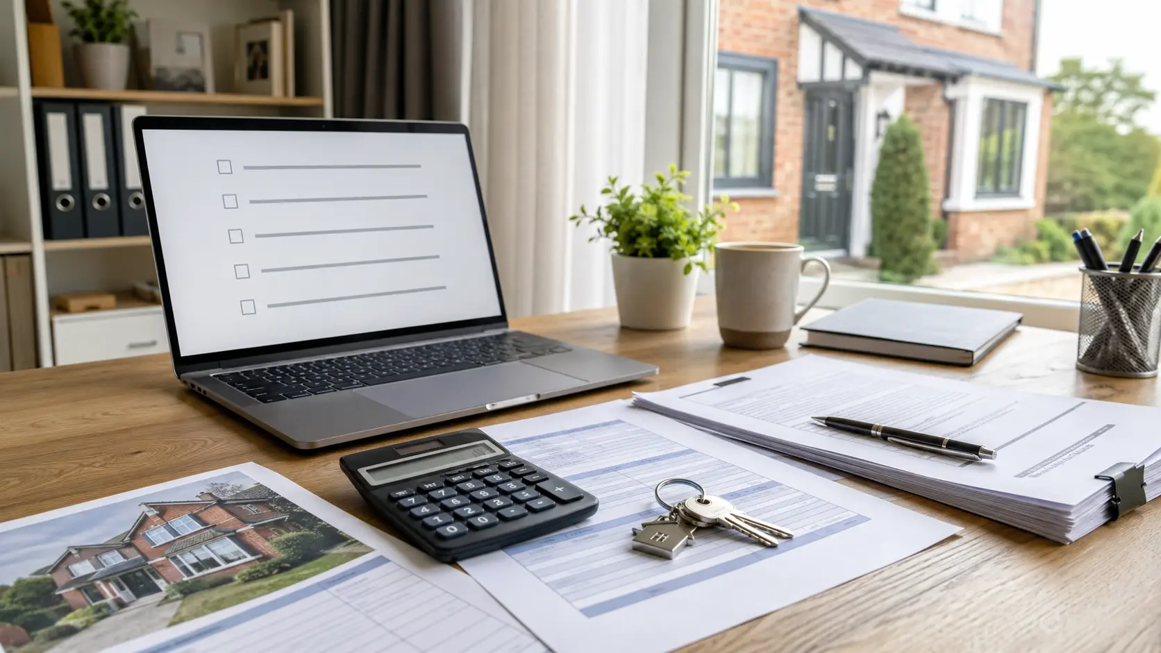 Property sale documents, calculator, house keys, and a laptop checklist on a desk beside a British home.