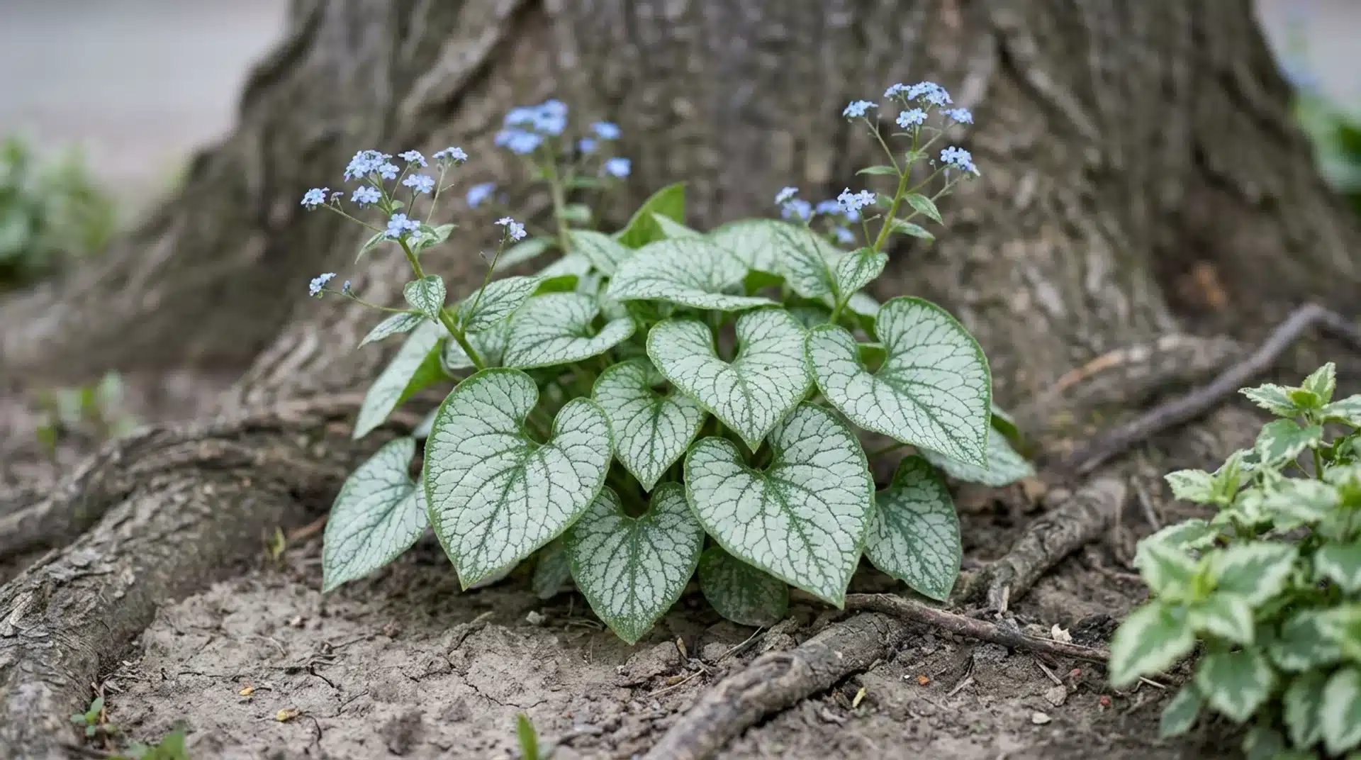 Silver-frosted brunnera Jack Frost leaves with forget-me-not blue flowers in dry shade beneath mature tree.