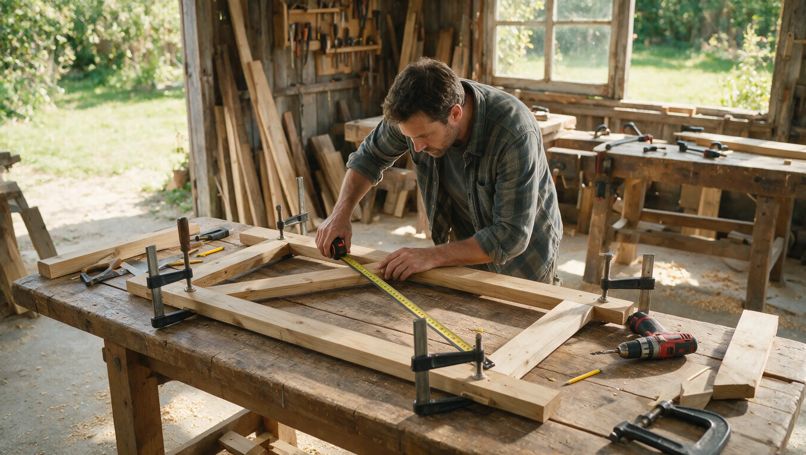 Person assembling a square wooden garden gate frame with clamps, tape measure, and drill on a workbench in a workshop.