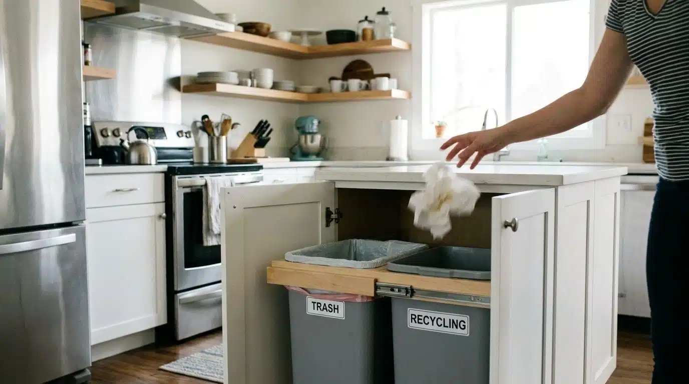 Kitchen island with pull-out trash and recycling bins