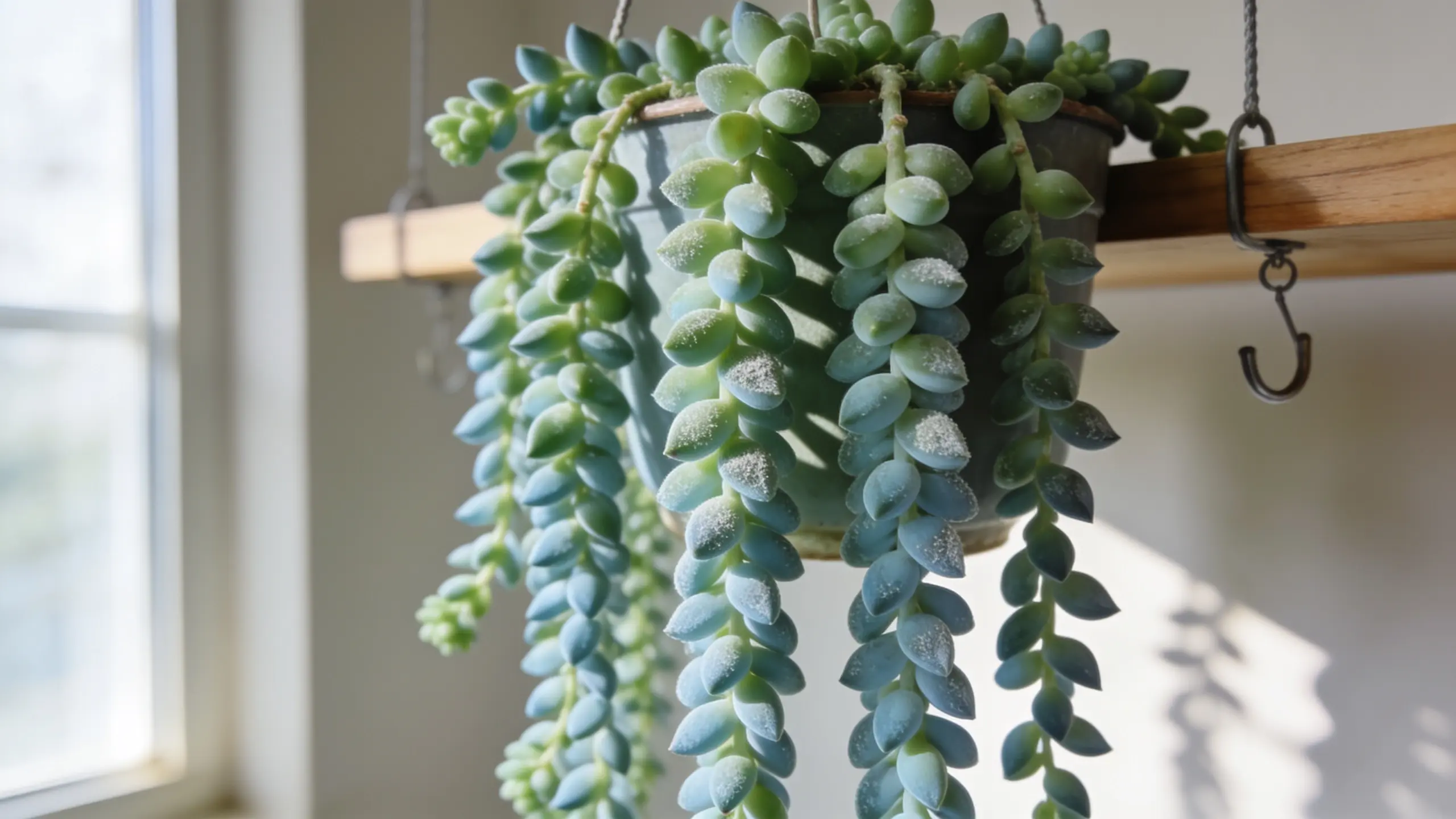 Burro’s tail succulent with trailing stems and bead-like green leaves in a hanging indoor pot.