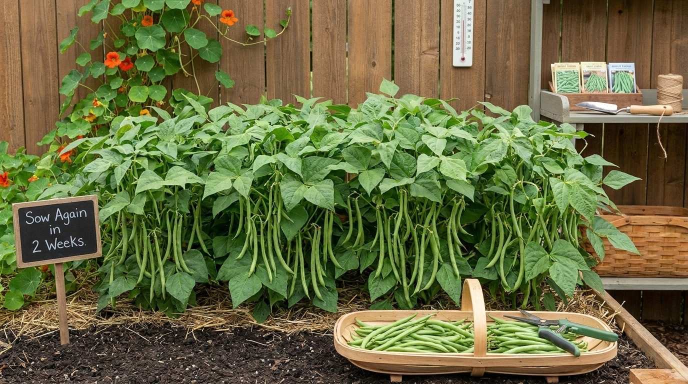 Full raised garden bed of bush green bean plants covered in long thin hanging pods ready to harvest with a flat basket of freshly picked beans at the front.