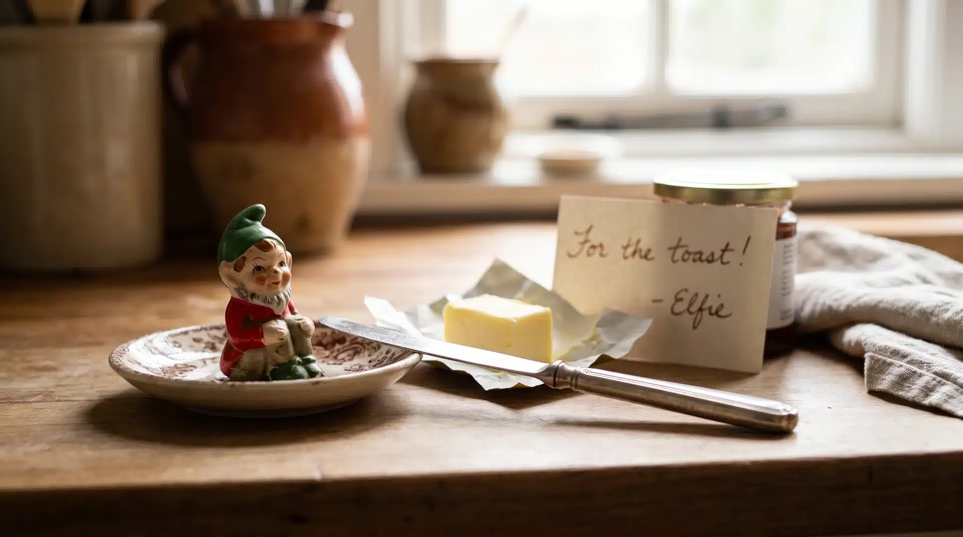 Elf on the shelf sitting on a dish next to a stick of butter holding a butter knife.