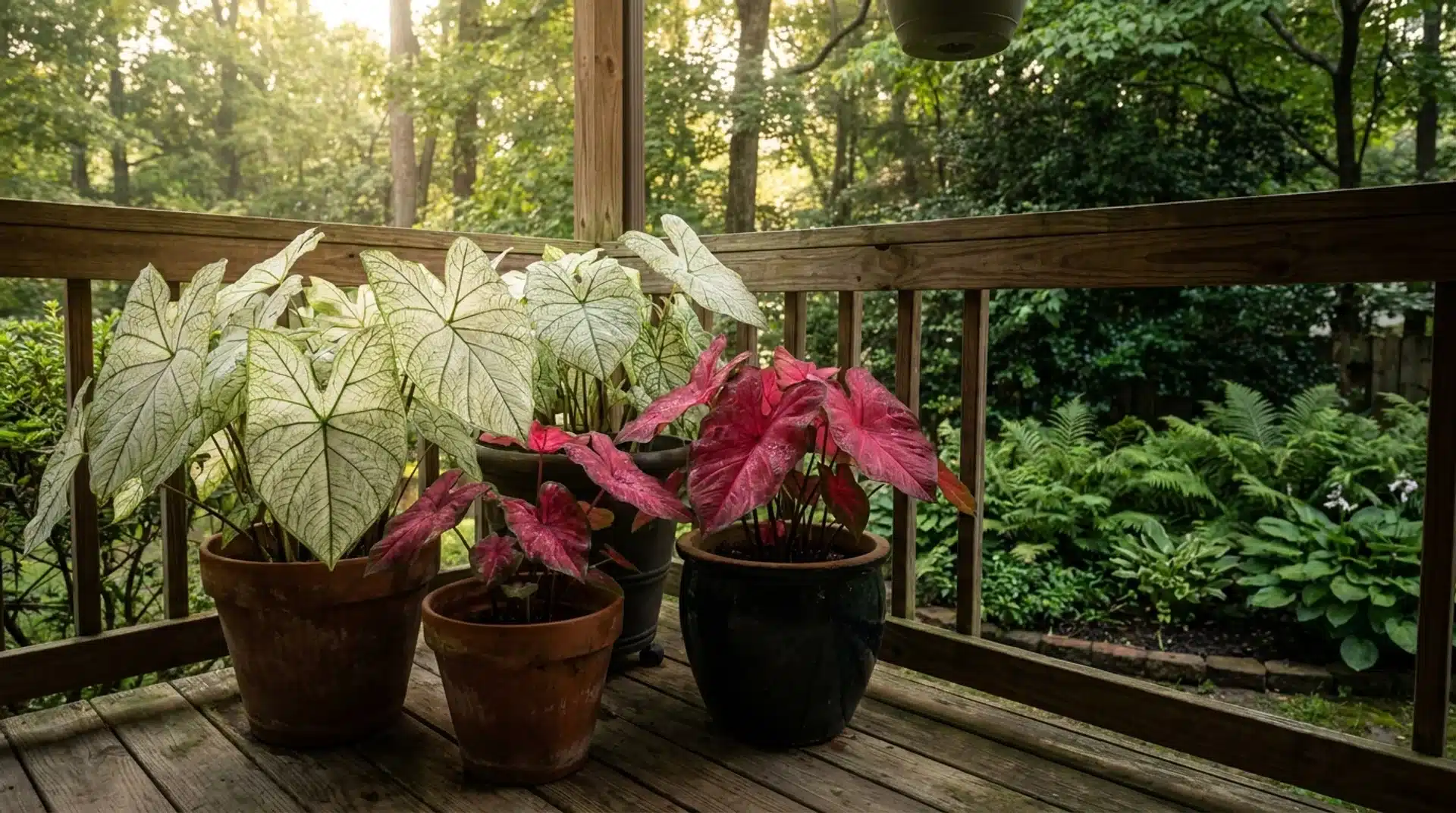 Caladium containers with white, pink, and crimson patterned leaves on a shaded residential porch.
