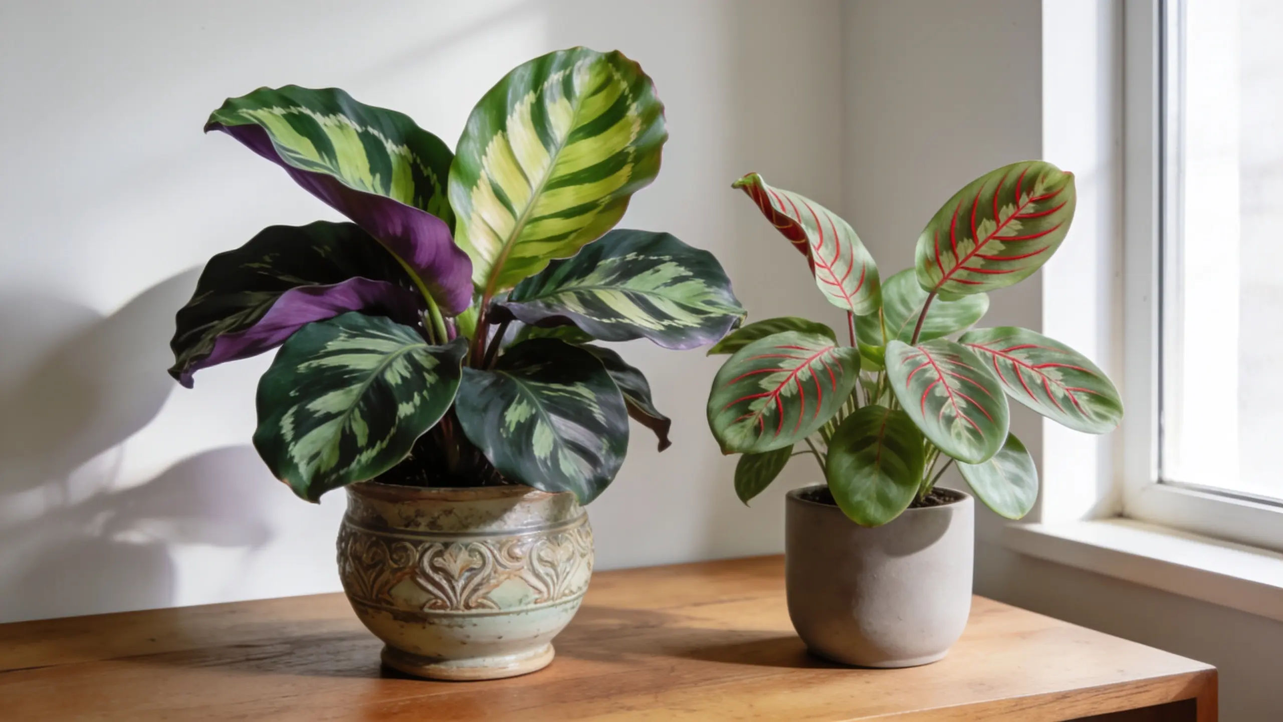 Calathea with bold patterned leaves and Maranta with red-veined folding leaves displayed side by side in a modern indoor space.