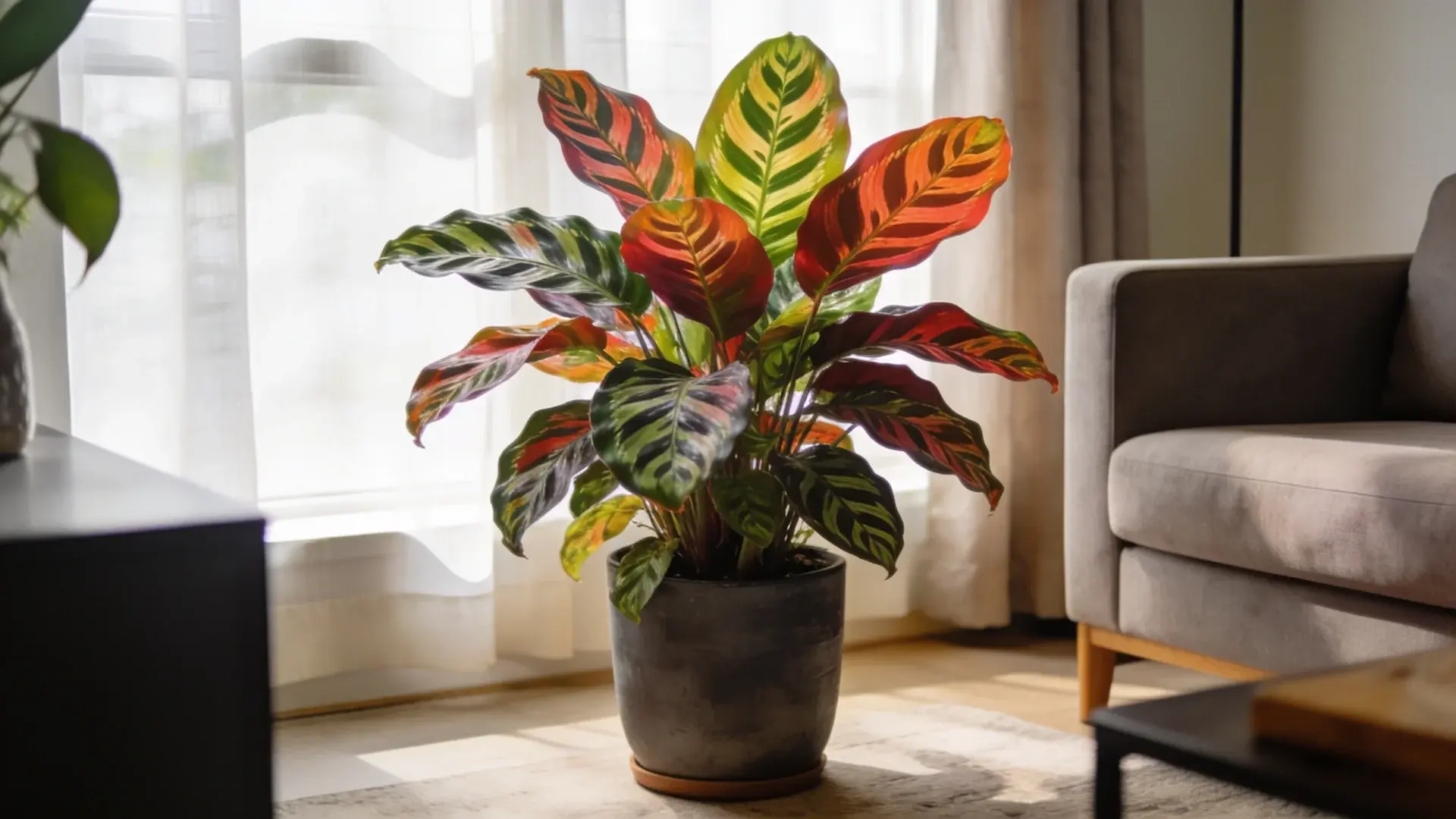 Healthy calathea plant in bright indoor space with natural filtered light