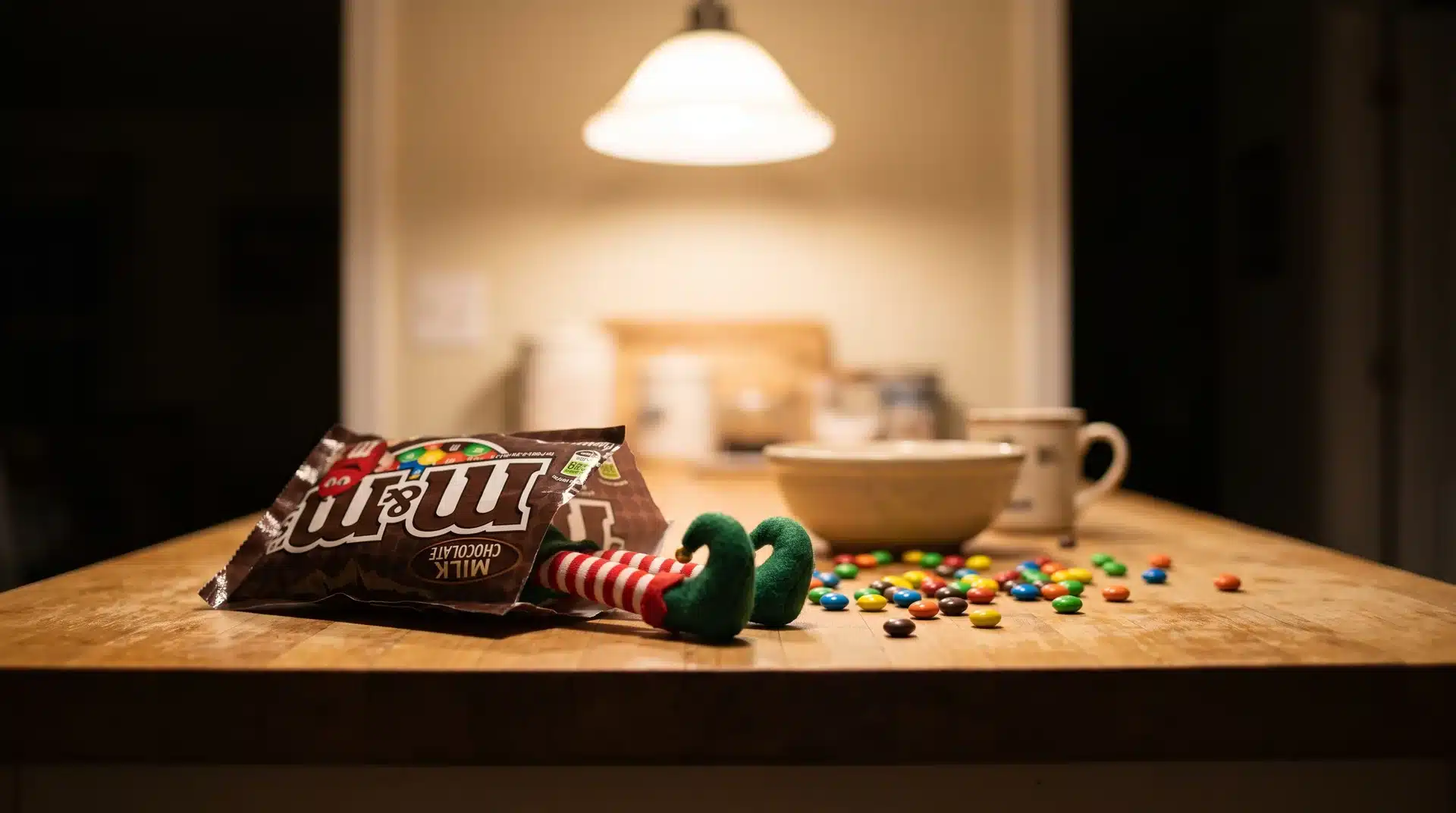 Elf on the shelf tucked inside an open M&M bag with only its legs sticking out.