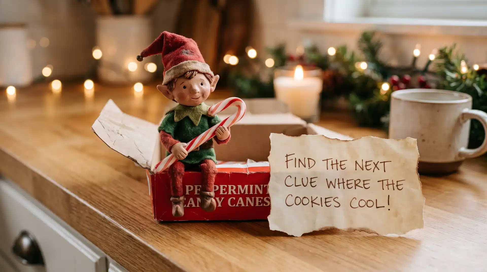 Elf on the shelf inside an empty candy cane box holding one cane with a scavenger hunt note.
