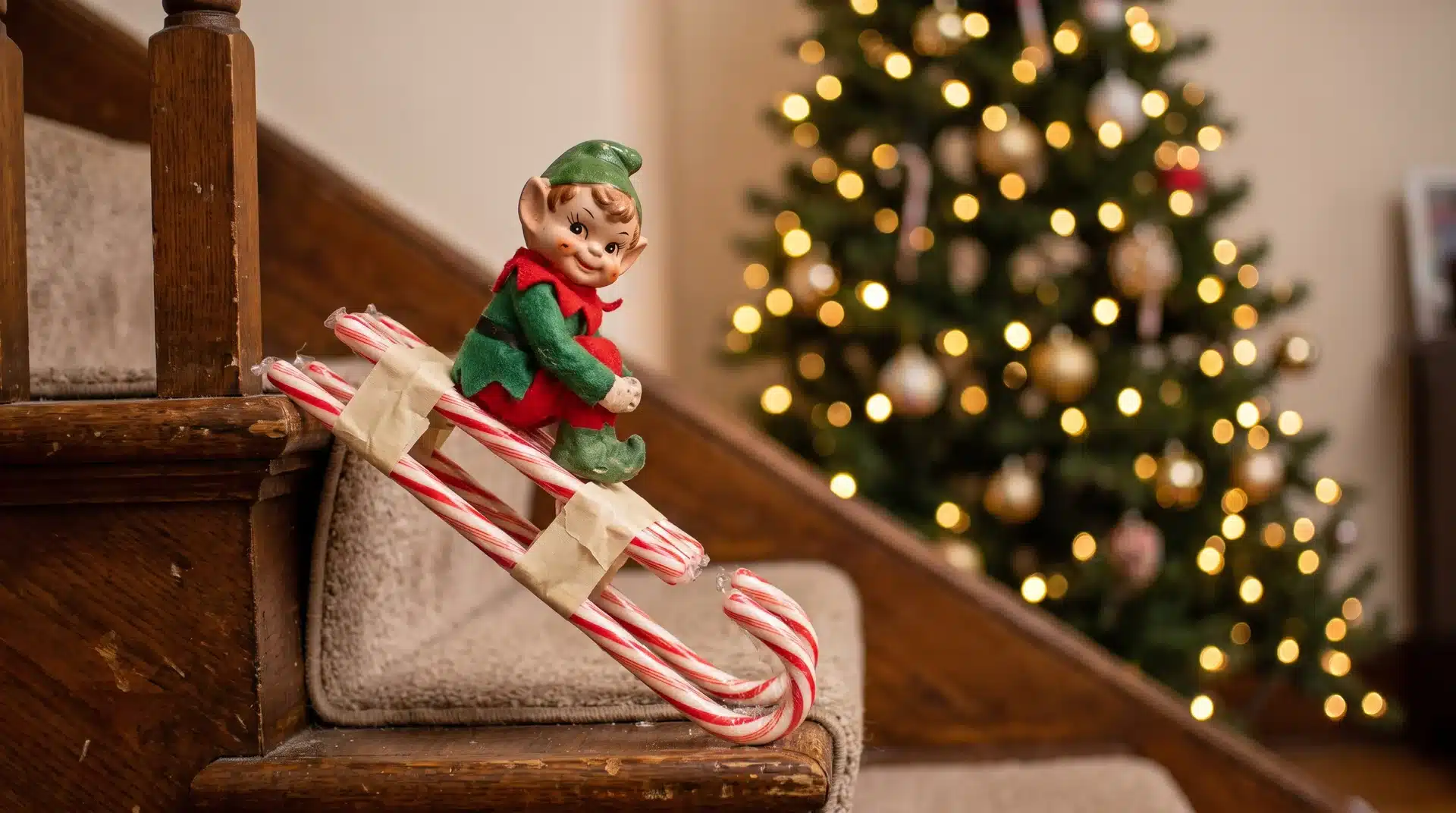 Elf on the shelf riding a candy cane sled propped against a Christmas staircase railing.