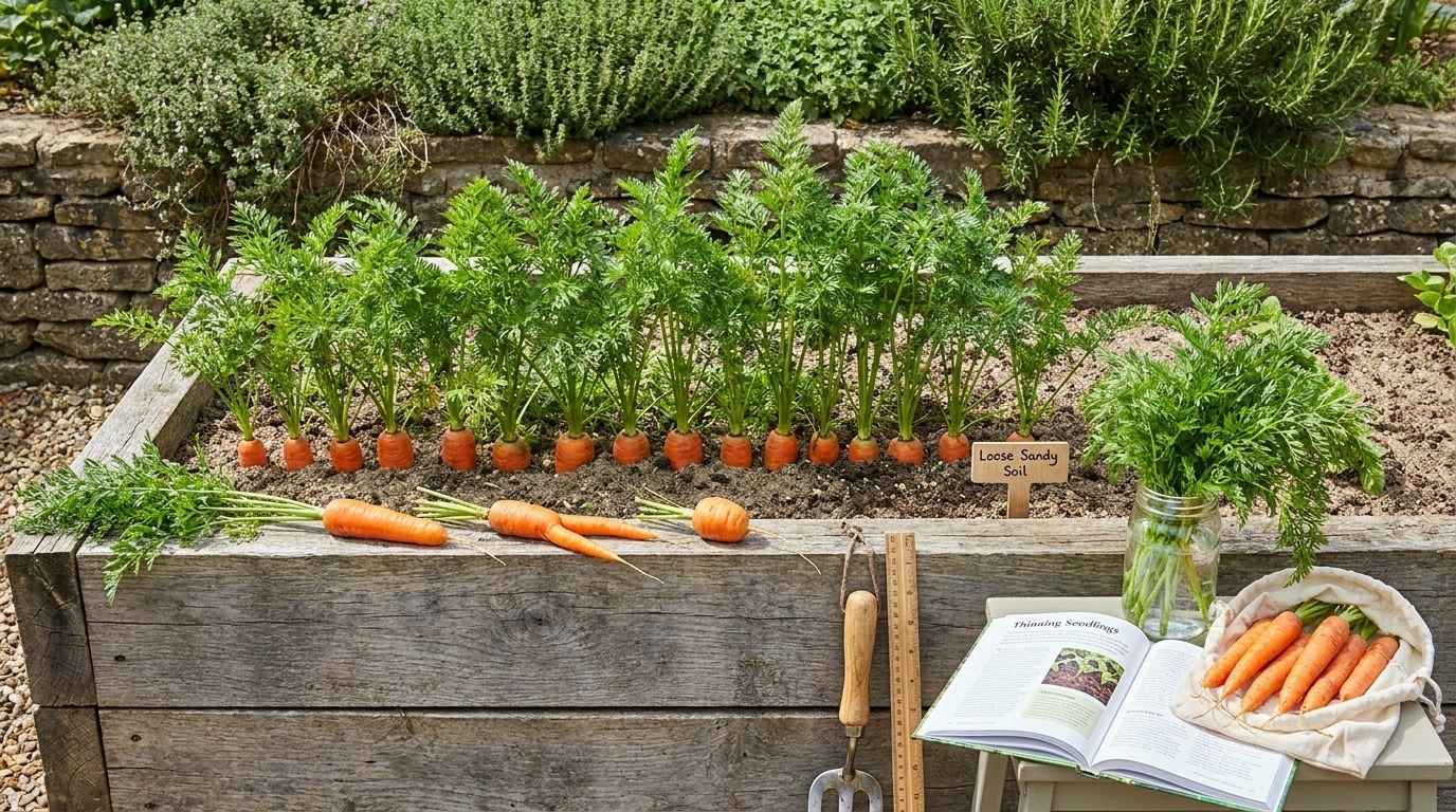 Long wooden raised bed with orange carrot tops visible above sandy soil at harvest stage with three pulled carrots showing different shapes and sizes on the frame edge.