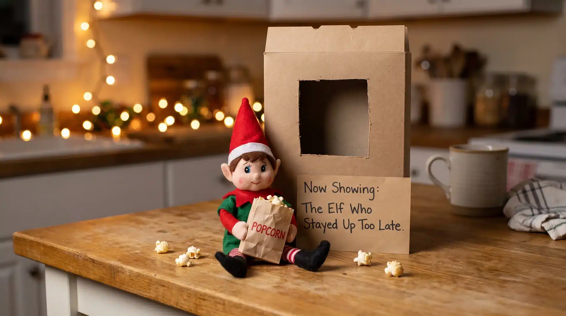 Elf on the shelf sitting in front of a cereal box movie theater with a popcorn bag and handwritten note.