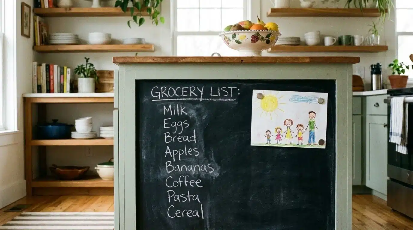 Kitchen island end used as chalkboard panel