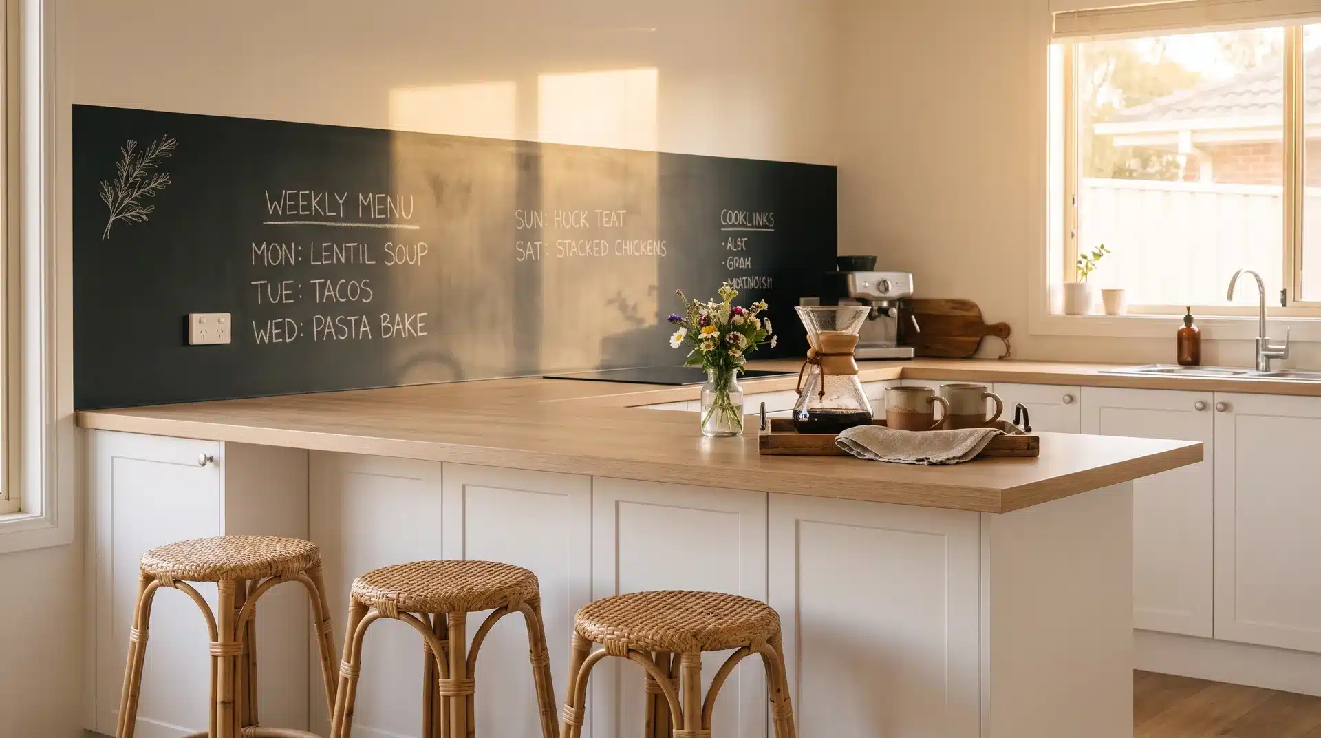Deep charcoal chalkboard splashback with handwritten menu behind white cabinetry and rattan bar stools.