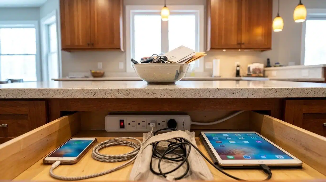 Kitchen island drawer with phone charging dock
