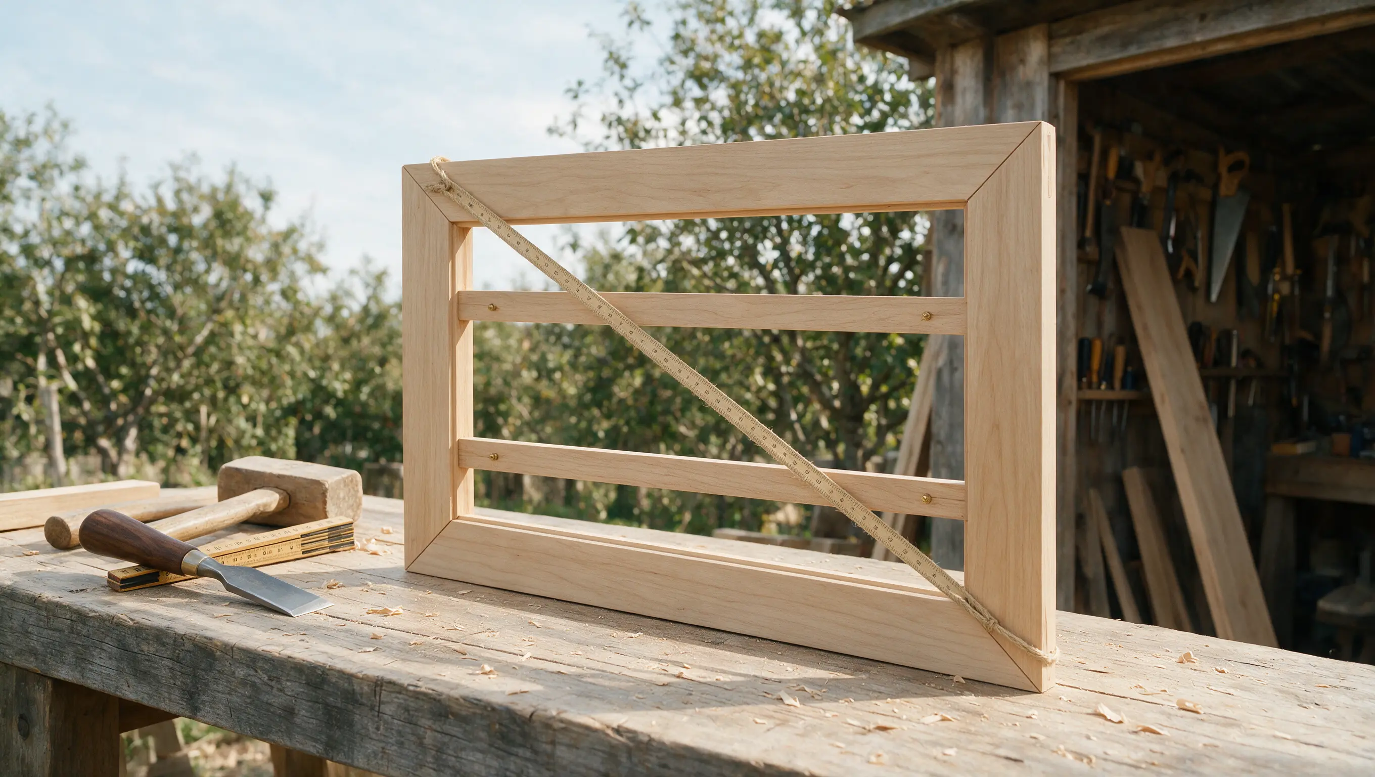Wooden garden gate frame checked for square using a diagonal measuring stick on a workbench in an outdoor workshop.