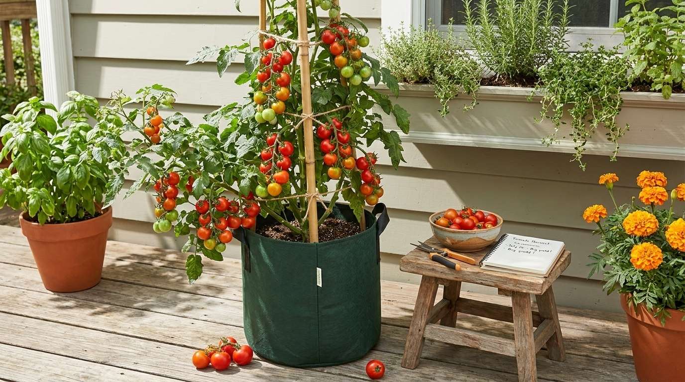 Cherry tomato plant loaded with red and orange tomatoes growing in a dark green fabric grow bag on a sunny wooden deck beside a pot of basil.