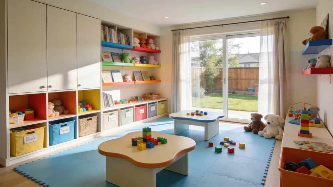 Children’s playroom addition with storage and backyard windows.