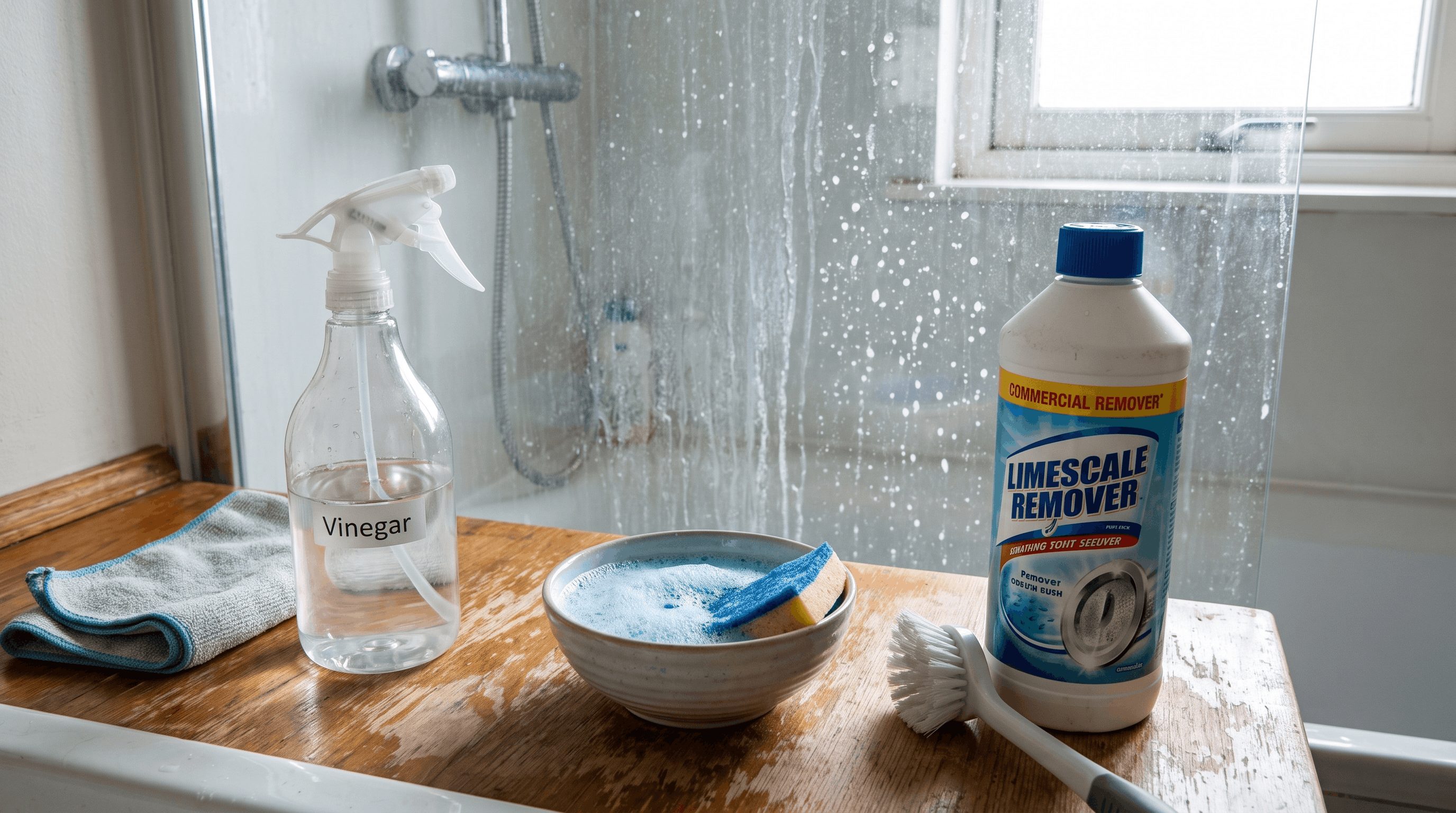 Different cleaners for shower glass water spots soap scum and limescale removal.