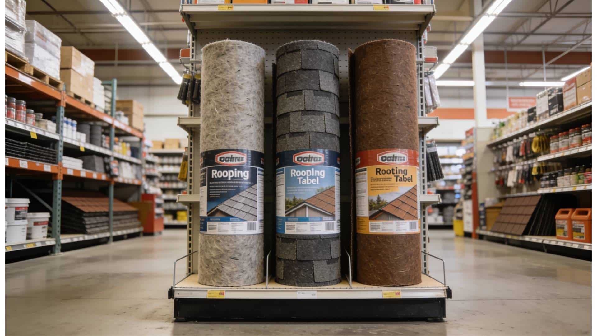 Three types of shed roofing felt rolls on a hardware store shelf including green mineral felt, polyester-backed felt, and black EPDM rubber membrane