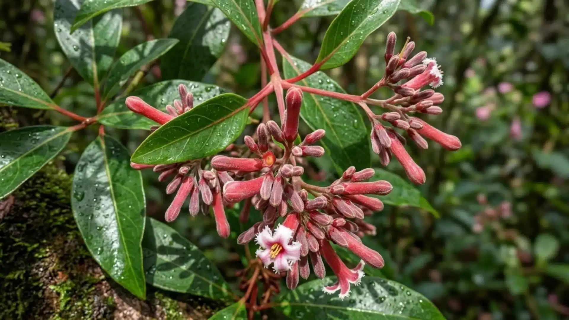 Cinchona tree branches with clusters of small red tubular flowers, surrounded by glossy green leaves.