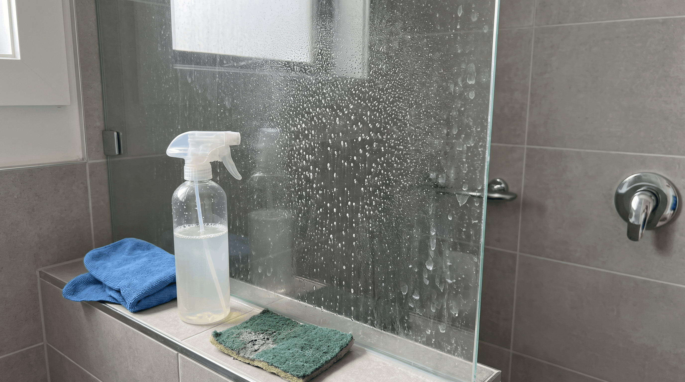 Cleaning solution sitting on shower glass to loosen water spots and soap buildup.