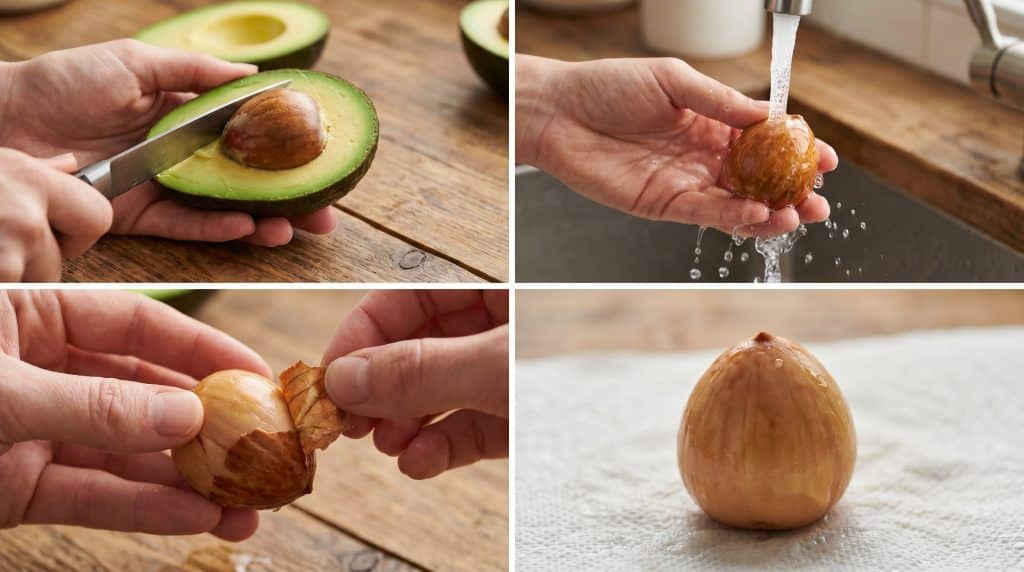 A flatlay of materials needed for growing an avocado plant, including a seed, toothpicks, a water jar, a pot, soil, and a spray bottle.