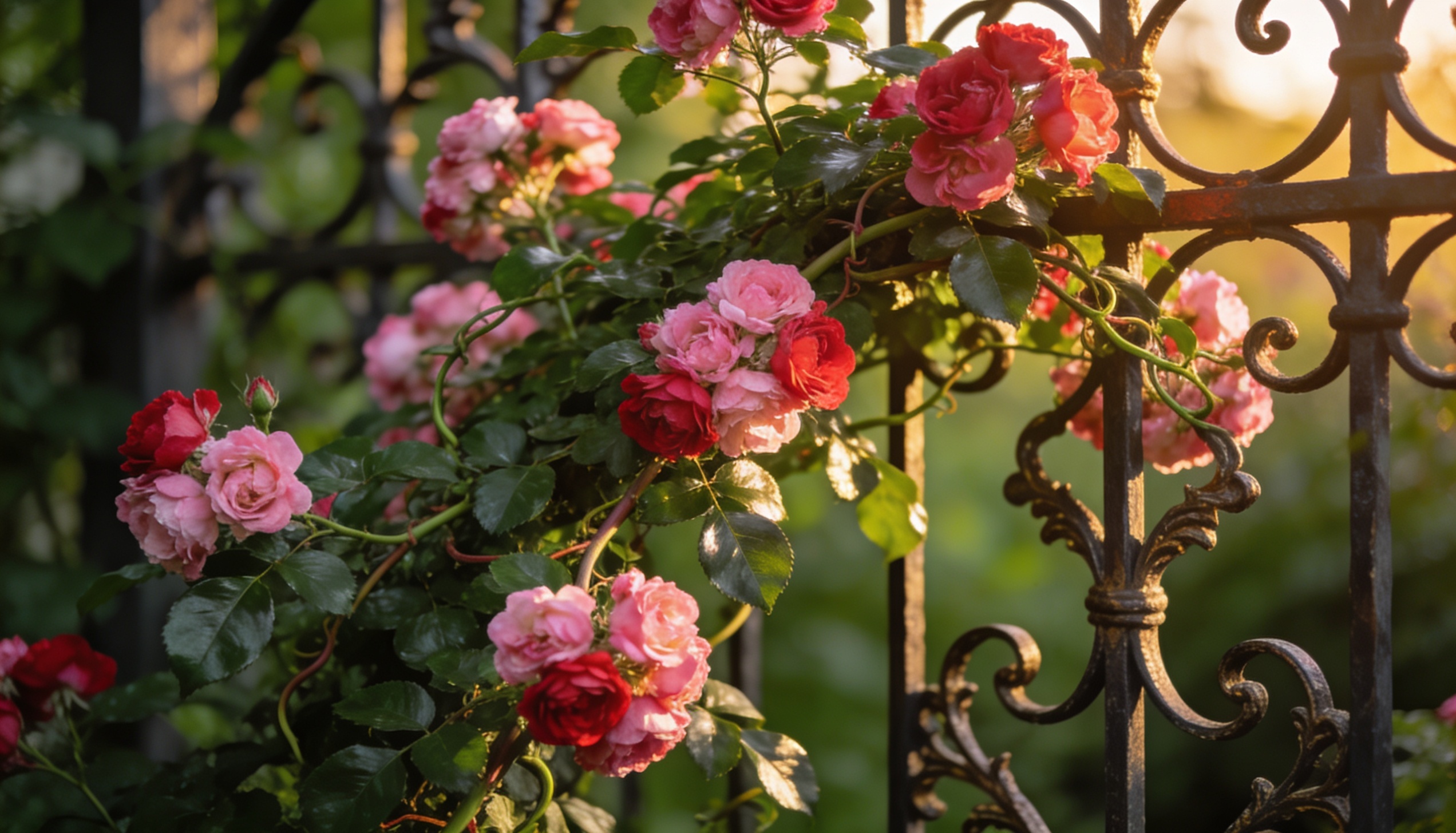 A climbing rose growing up a trellis, featuring long stems with vibrant pink, red, or white flowers, surrounded by deep green foliage and bathed in soft sunlight