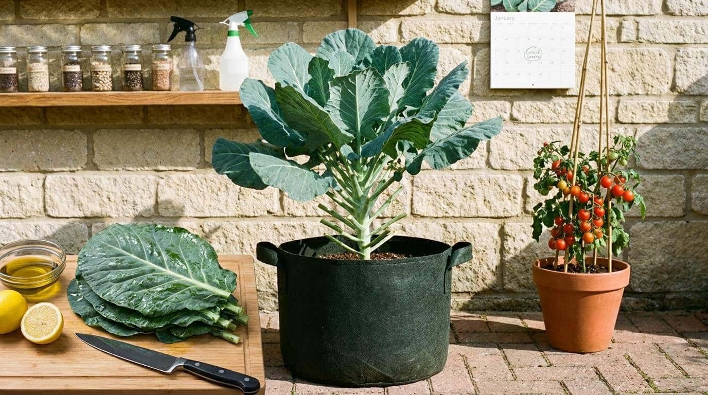Large broad collard green leaves growing in a dark fabric grow bag on a brick patio with freshly harvested leaves on a wooden cutting board beside it.